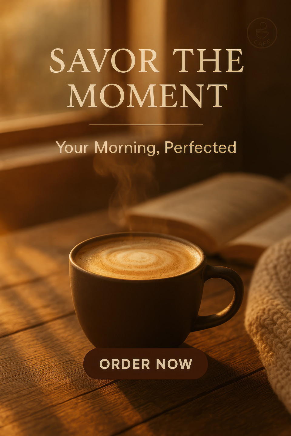 Flat white in ceramic cup, rustic wooden table, sunlit window, soft shadows, warm blanket, open book, cozy steam, chatgpt image prompt for premium coffee poster design