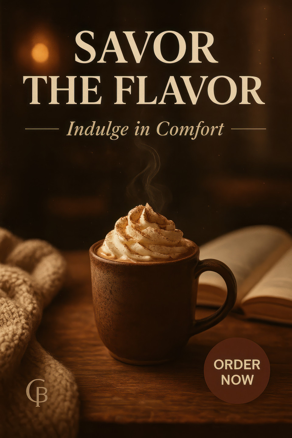 Mocha with whipped cream in ceramic mug, rustic wood table, warm café glow, blanket, open book, cozy steam, chatgpt image prompt for premium coffee poster design