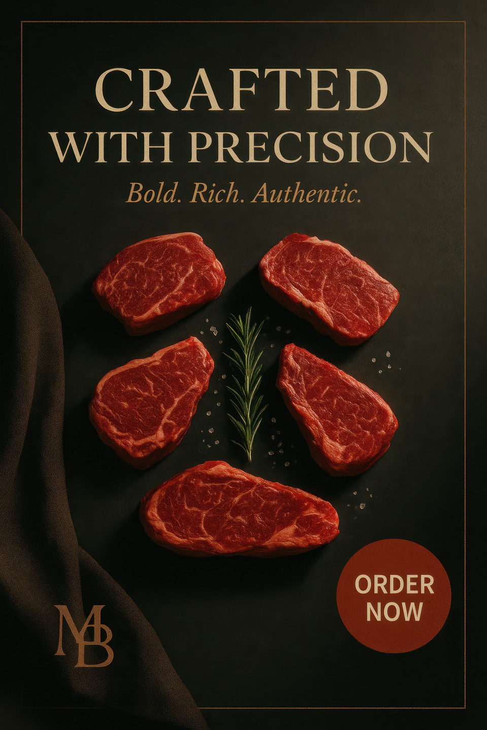 Dry aged steak cuts with rosemary and sea salt on dark slate, arranged in refined symmetry with dramatic contrast, chatgpt image prompt for instagram luxury food aesthetics