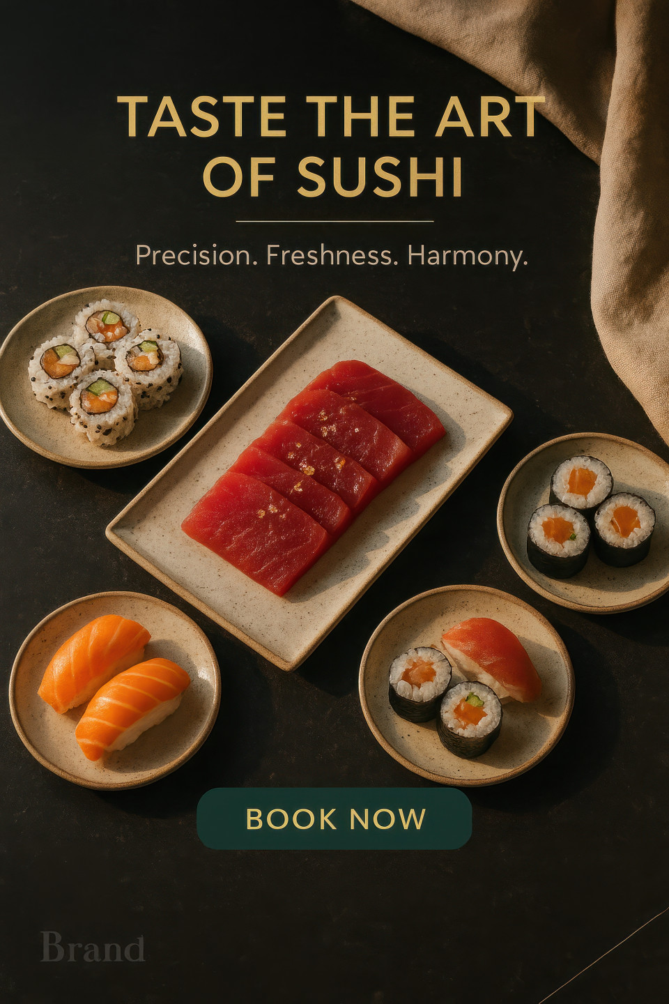 Luxury sushi platter with tuna sashimi and gold flakes on black stone, styled with linen cloth and golden tones, chatgpt image prompt for instagram luxury food aesthetics