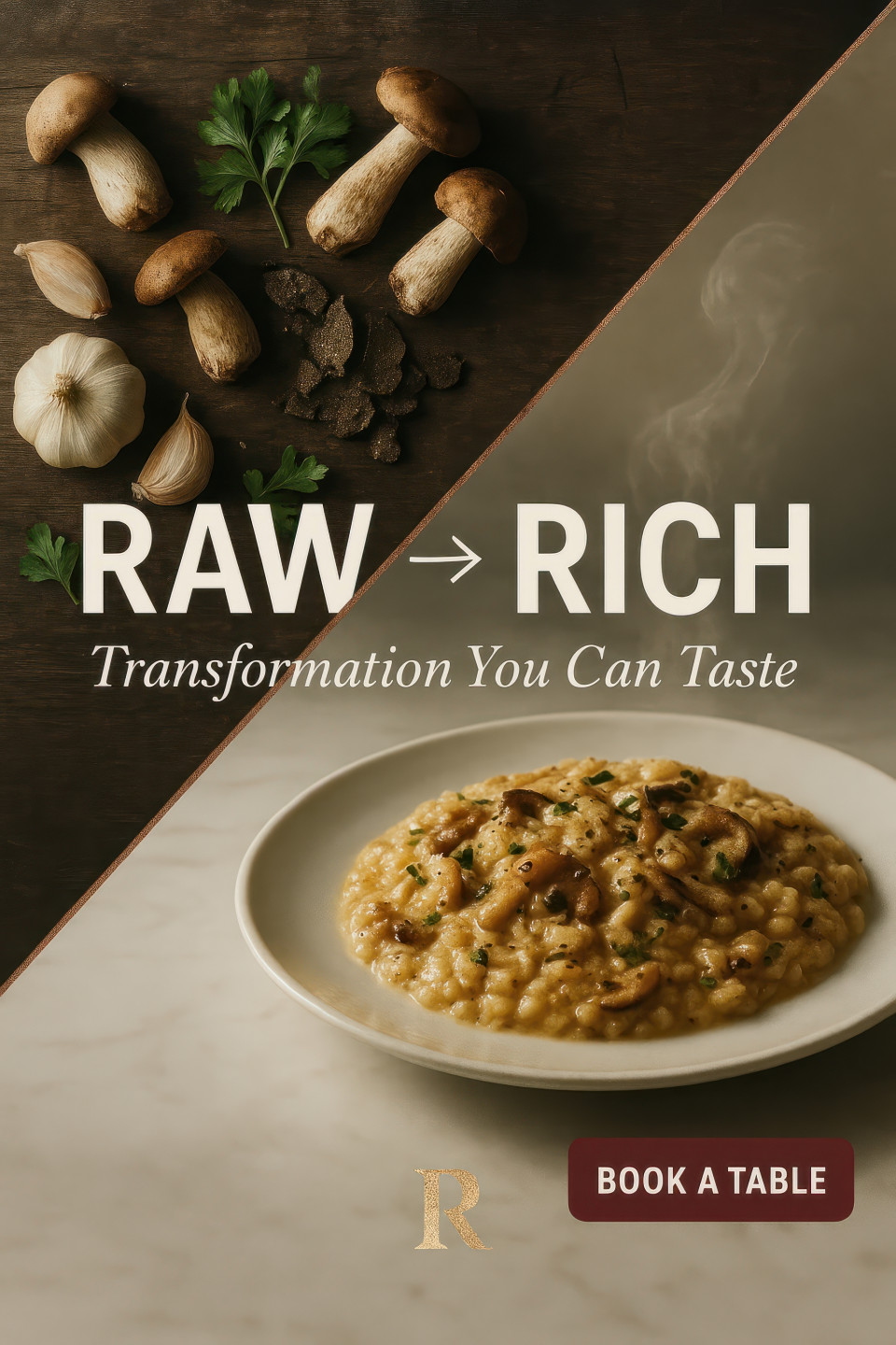 Creamy wild mushroom risotto with garlic, truffle and parsley served on elegant white plate, gourmet transformation, before & after food shots chatgpt image prompt