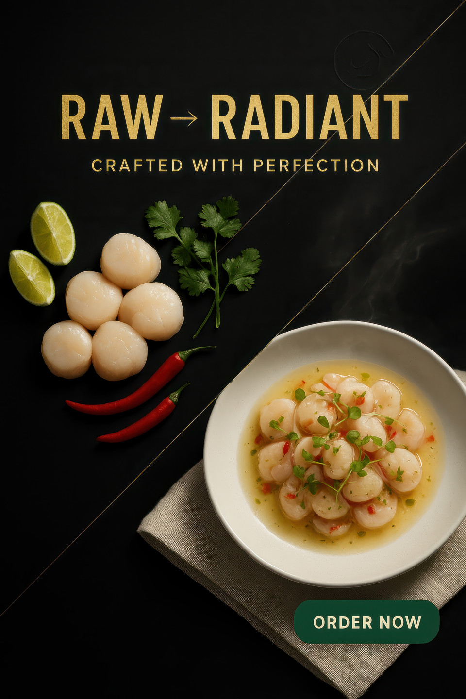 Fresh scallop ceviche with lime, chili and cilantro topped with microgreens in white plate, premium seafood dining, before & after food shots chatgpt image prompt