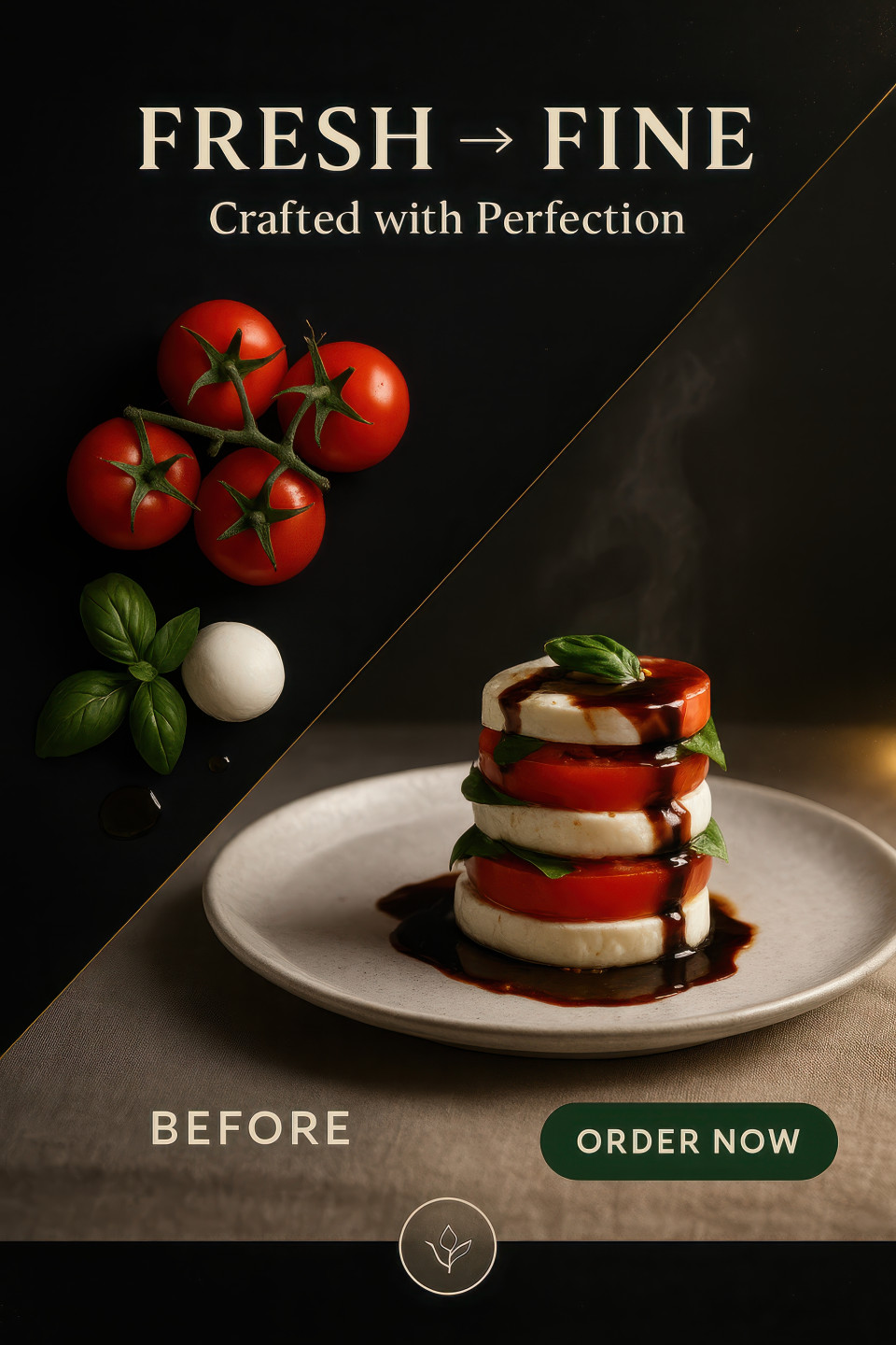 Caprese salad tower with basil, mozzarella and vine tomatoes drizzled in olive oil on white plate, cinematic gourmet style, before & after food shots chatgpt image prompt