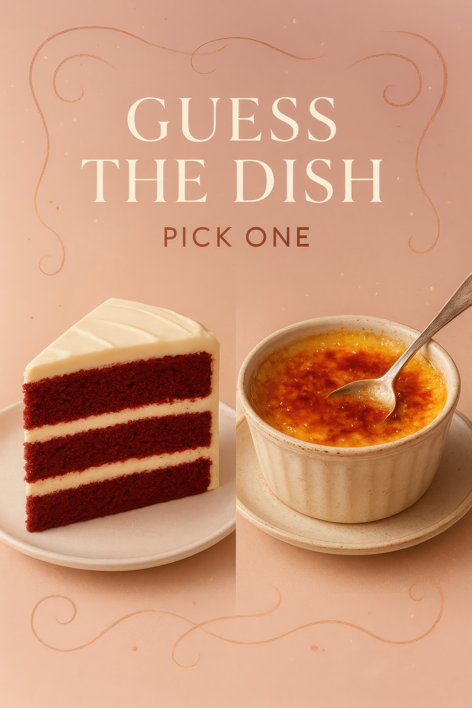 Red velvet cake slice with cream cheese layers beside crème brûlée with caramel crack in sweet dessert duel guess the dish prompt for chatgpt image