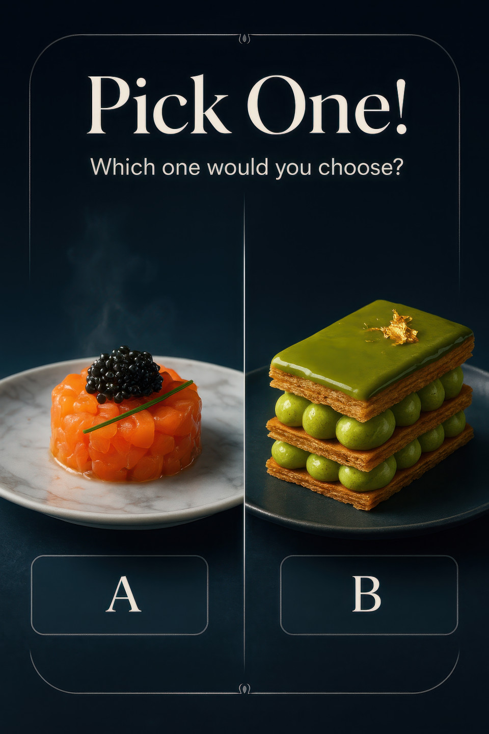 Smoked salmon tartare with caviar pearls beside pistachio mille feuille with gold leaf in luxury food duel guess the dish prompt for chatgpt image