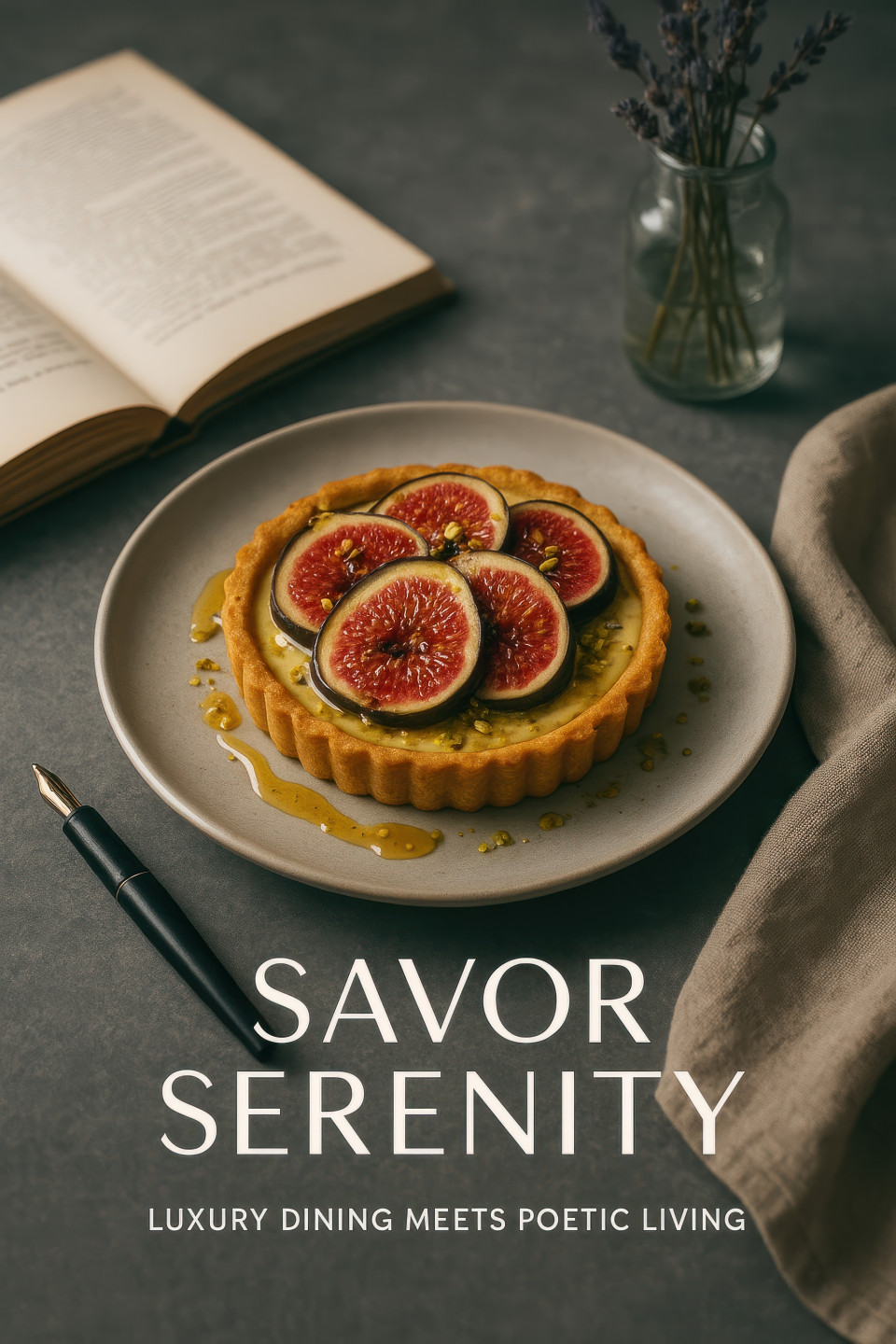 Fig tart with honey drizzle and pistachio crumble on stone table, styled with poetry book, lavender, linen napkin and pen, generate luxury flatlay shots with chatgpt ai prompt