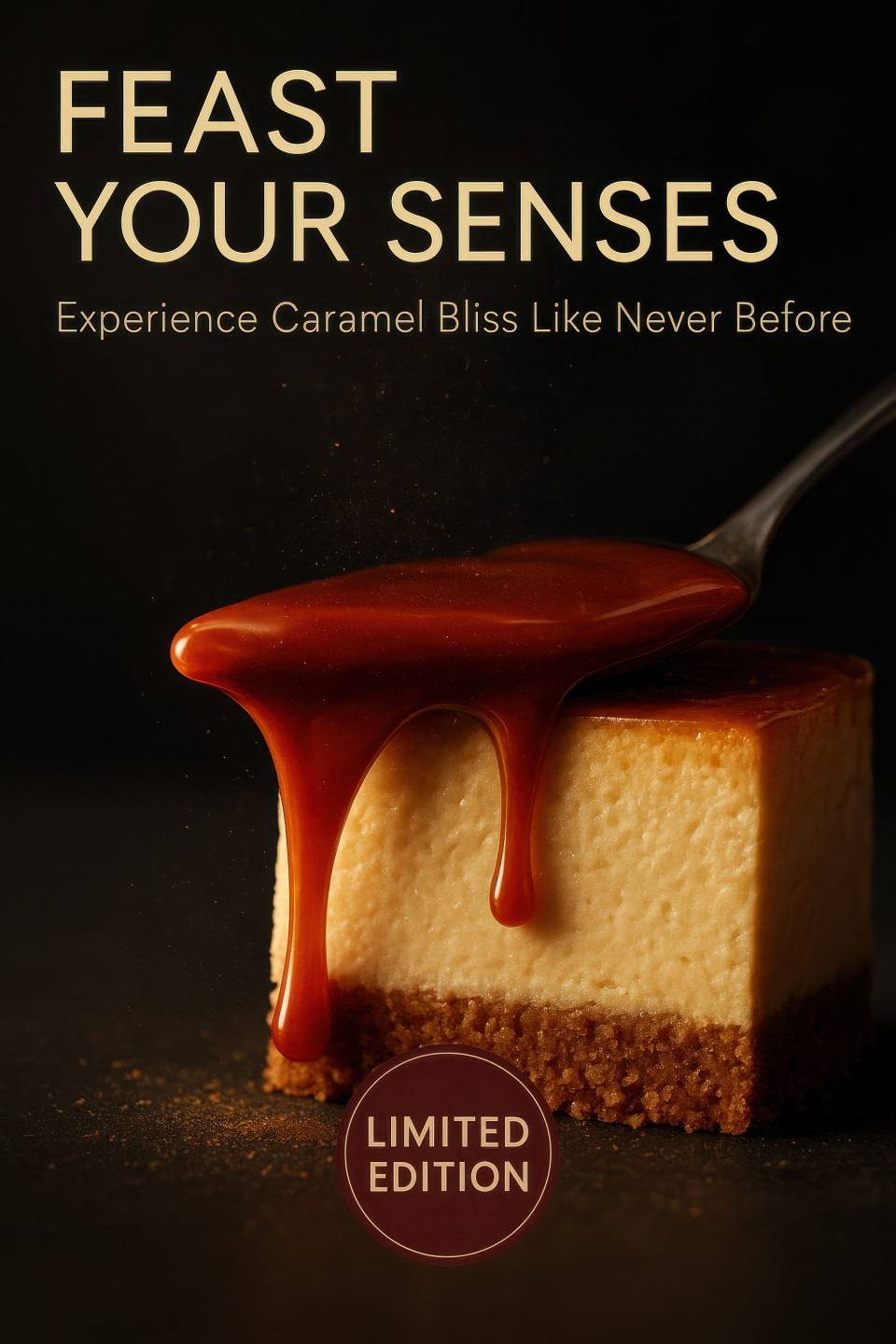 Caramel cheesecake slice with molten drizzle, biscuit base and creamy layers, cinnamon dust in spotlight, chatgpt image prompt luxury macro food poster design