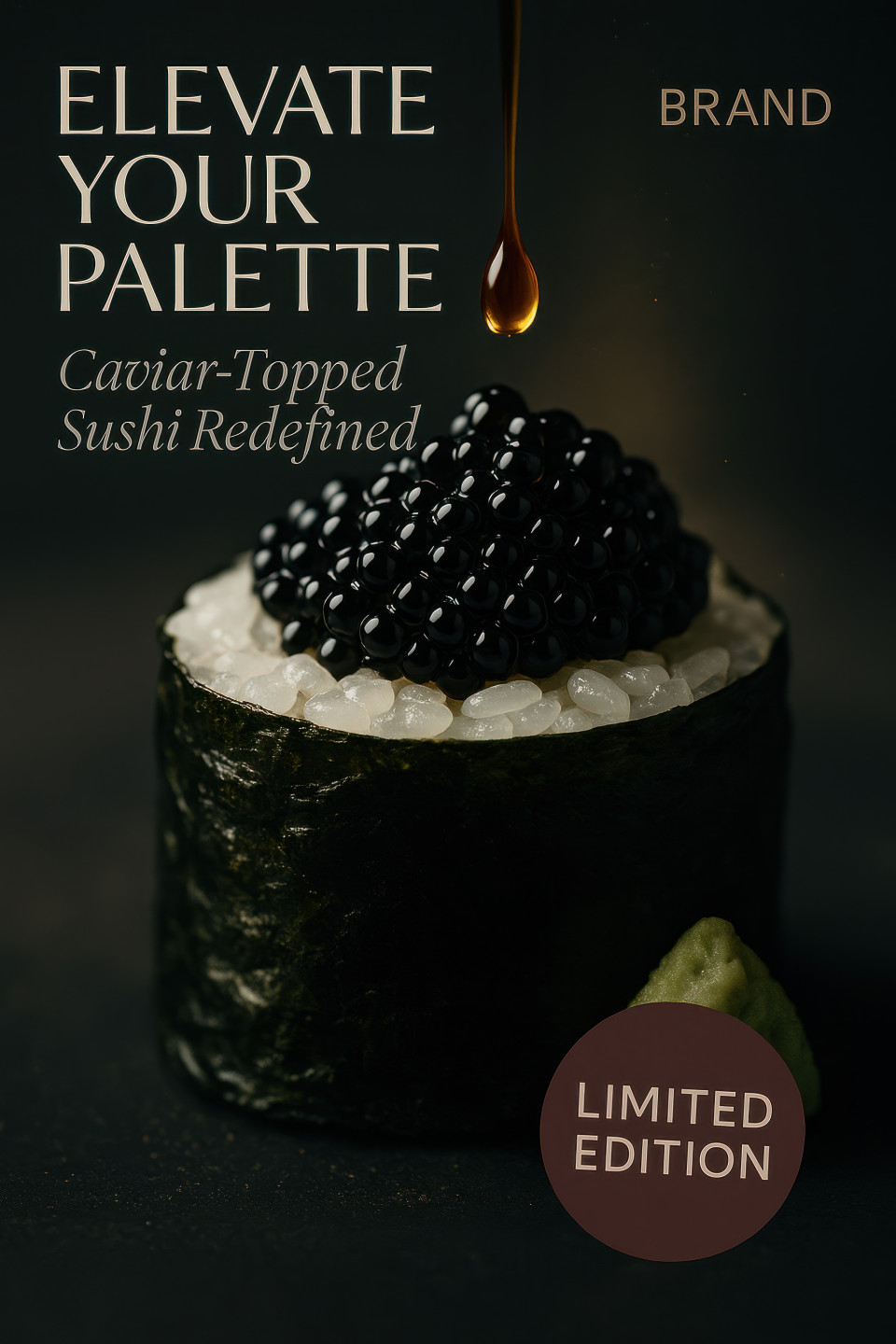 Sushi roll topped with black caviar drizzled in soy glaze, glossy seaweed wrap and wasabi garnish, chatgpt image prompt luxury macro food poster design