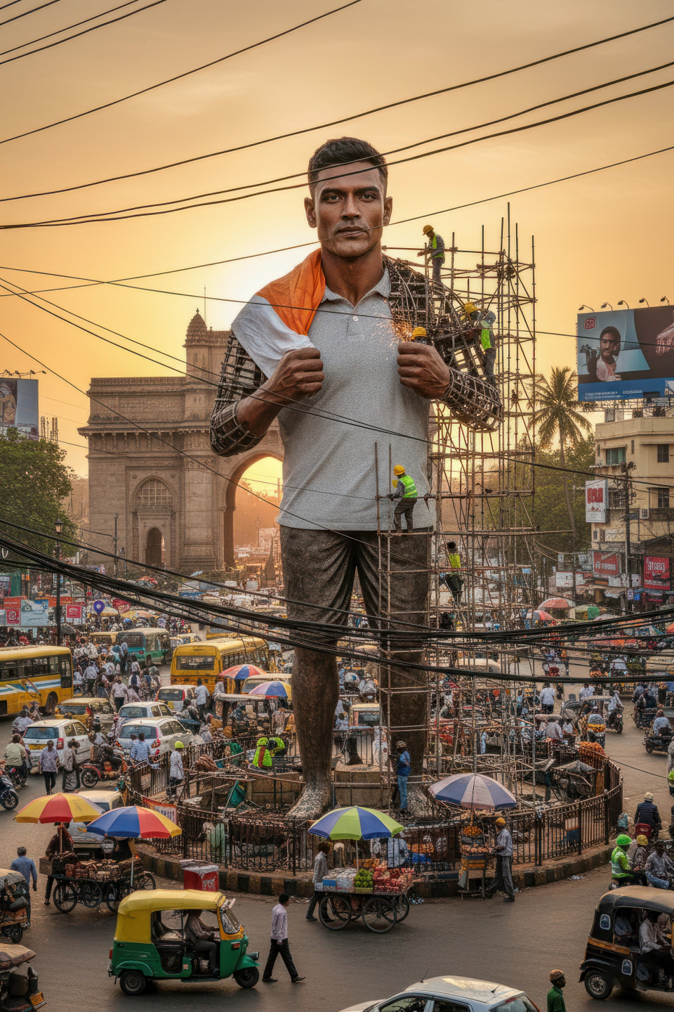 Giant statue ai prompt for google gemini nano banana of indian man with flag across shoulders, statue under construction, workers on scaffolding, busy mumbai sunset streets