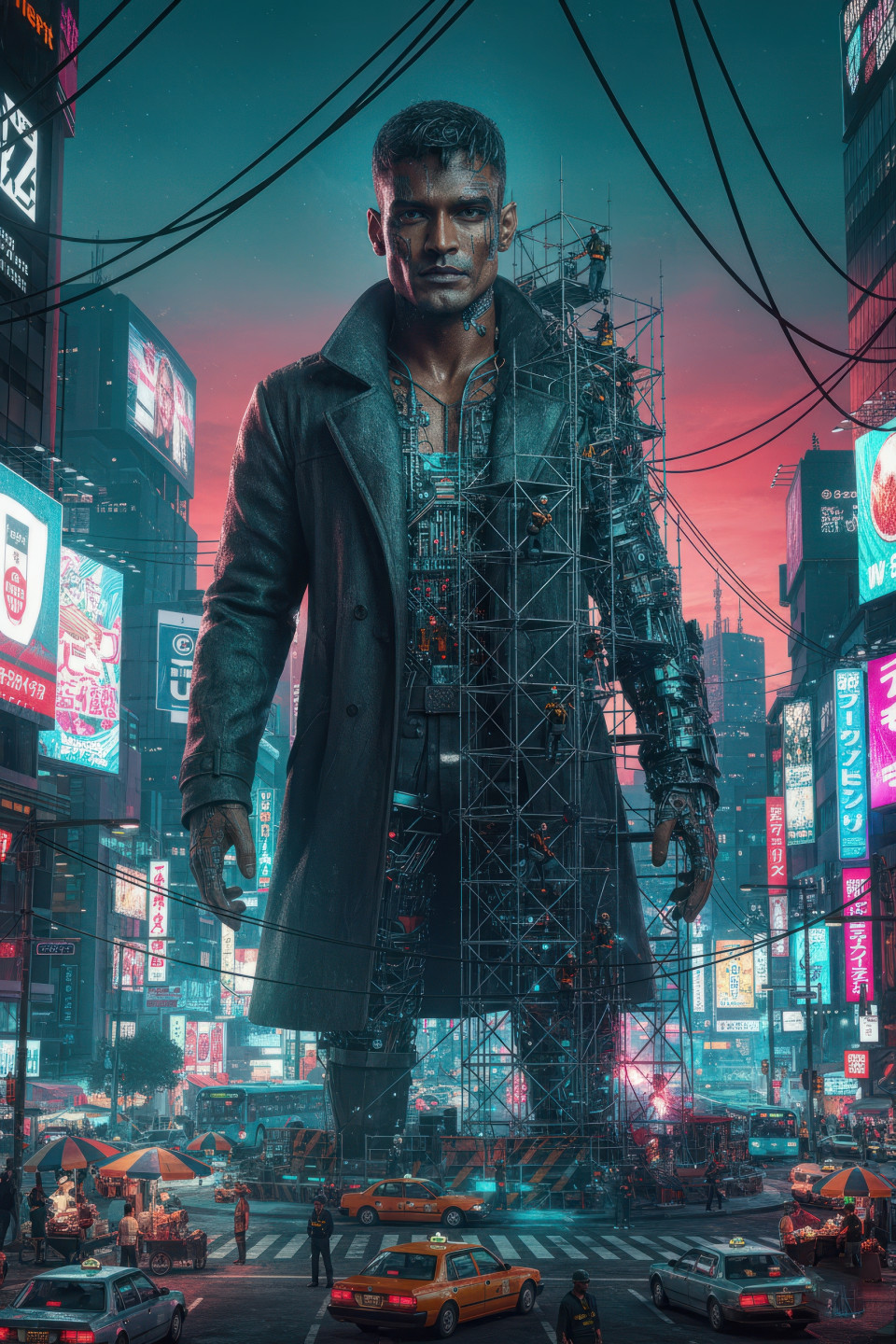 Giant statue ai prompt for google gemini nano banana of model with glowing tech lines, trench coat, statue under construction, workers on scaffolding, cyberpunk tokyo streets