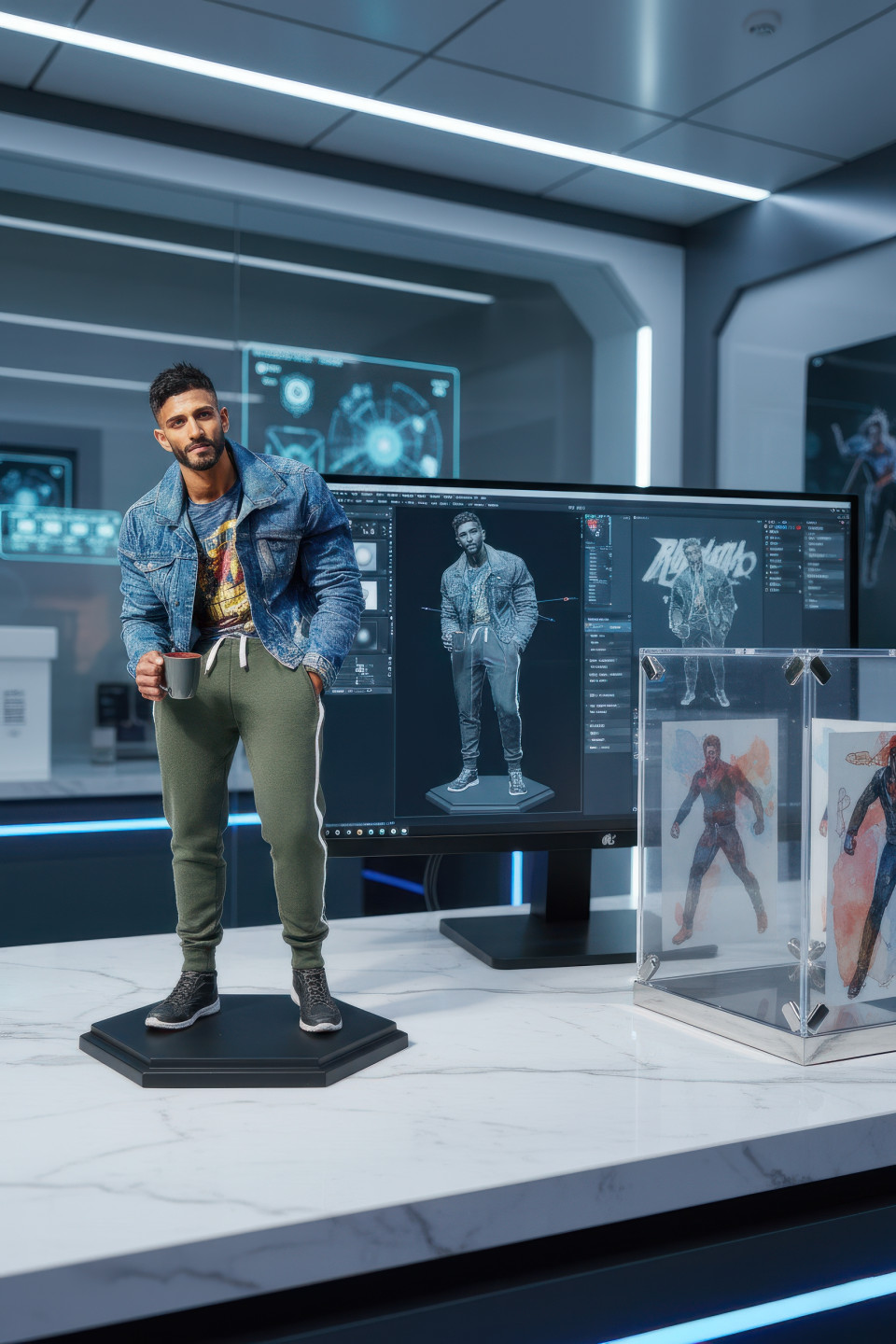 Hyper detailed indian man figurine on hexagonal black base in a futuristic lab, marble counter, computer shows clay sculpting, collector display case, google gemini nano banana figurine prompt