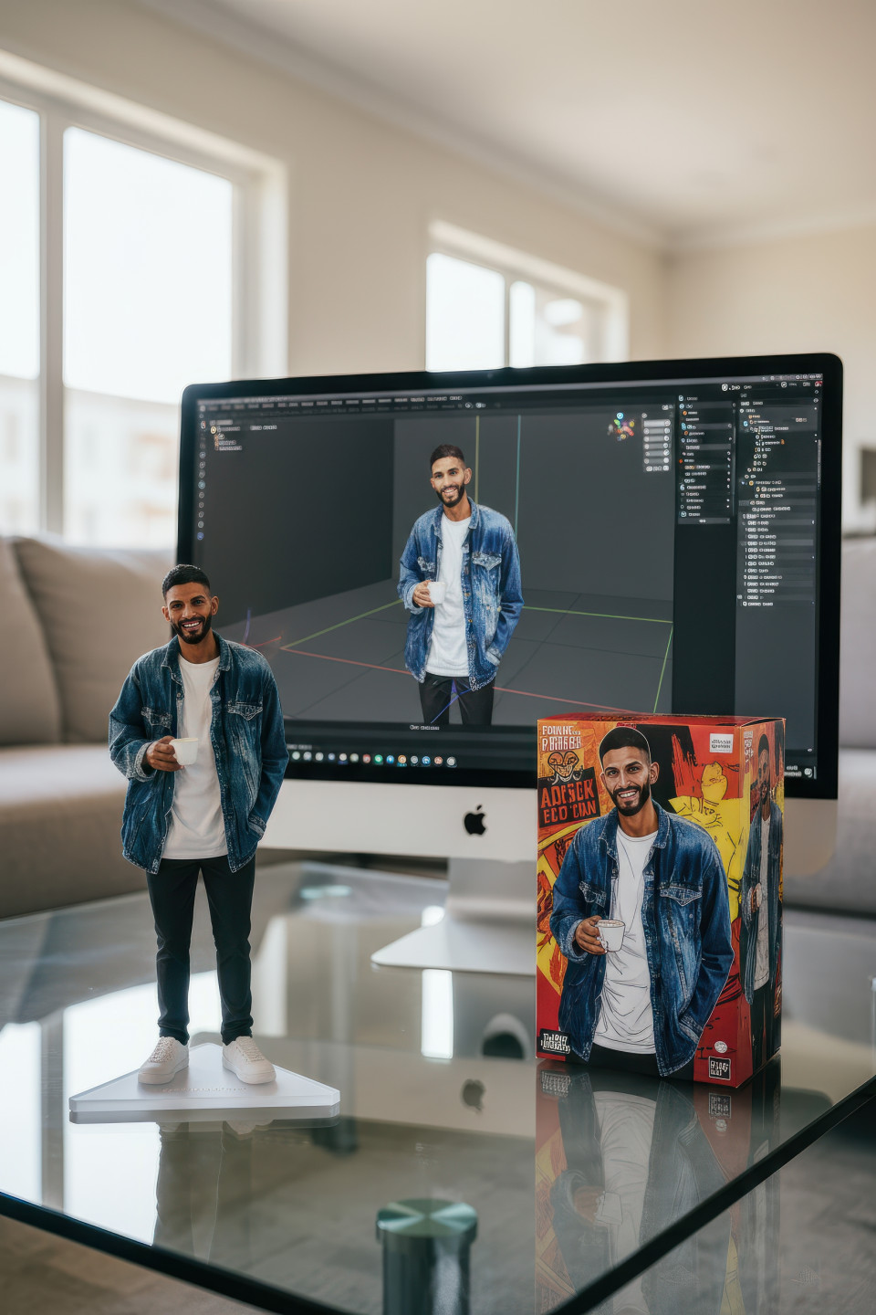 Realistic indian man figurine on triangular acrylic base in modern living room, glass coffee table, computer shows 3d rendering, toy packaging box, poster illustrations, google gemini nano banana figurine prompt