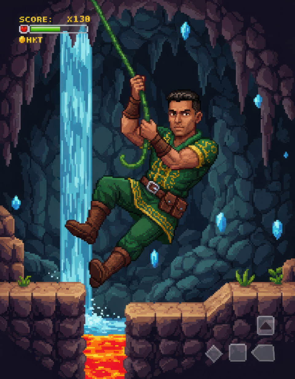 Adventurer swinging on vines inside pixel cave, patterned costume with sharp expressions, mysterious platform journey vibe, transform yourself into 16 bit game style with gemini prompt