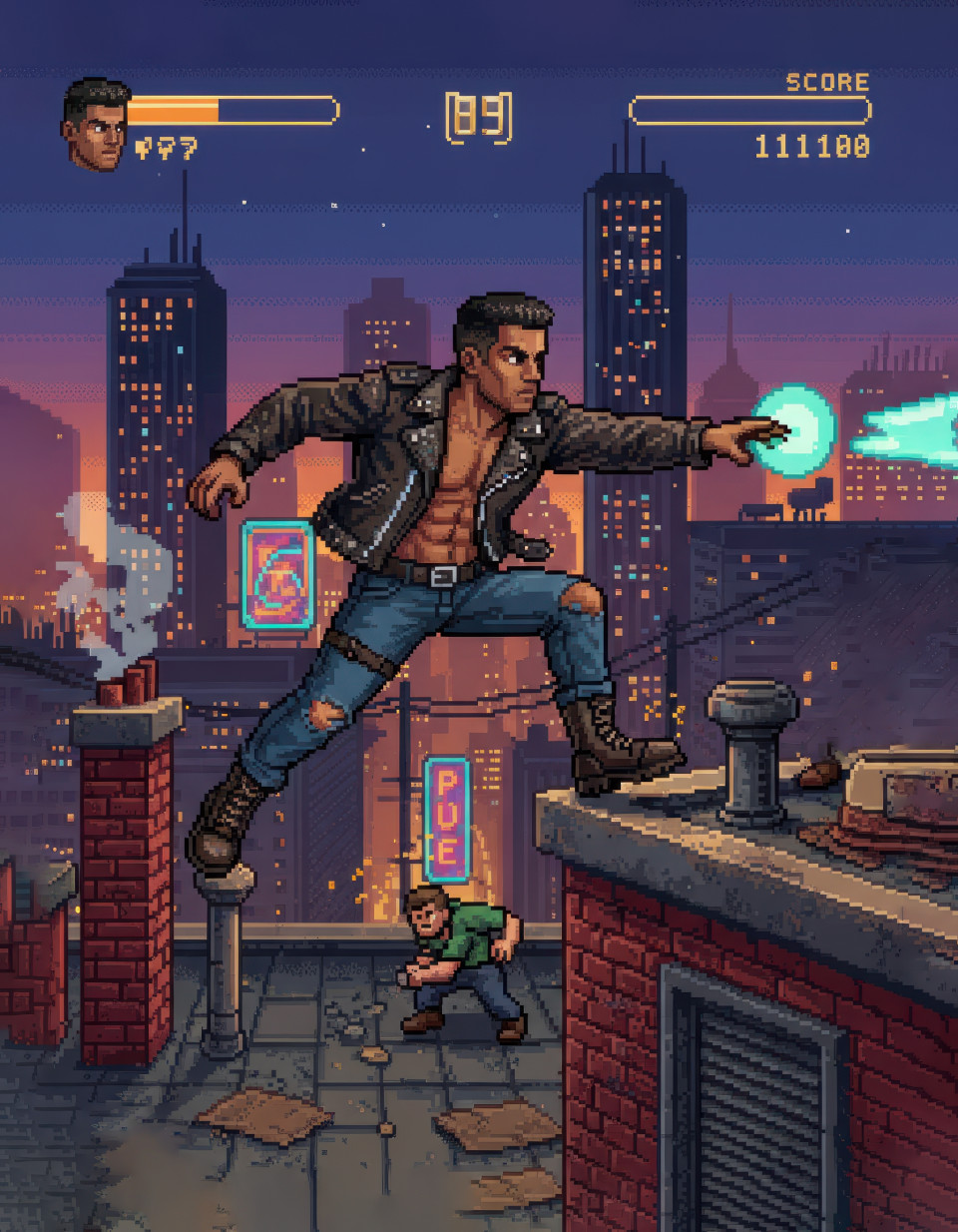 Pixel fighter on retro city rooftop throwing projectiles, bold clothing textures and fierce face, action packed beat ’em up scene, transform yourself into 16 bit game style with gemini prompt