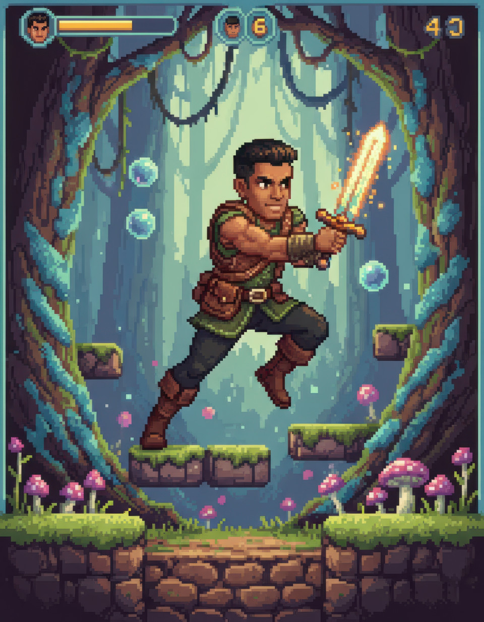 Fantasy fighter swinging sword in enchanted retro forest, textured outfit and brave face, nostalgic adventure feeling, transform yourself into 16 bit game style with gemini prompt