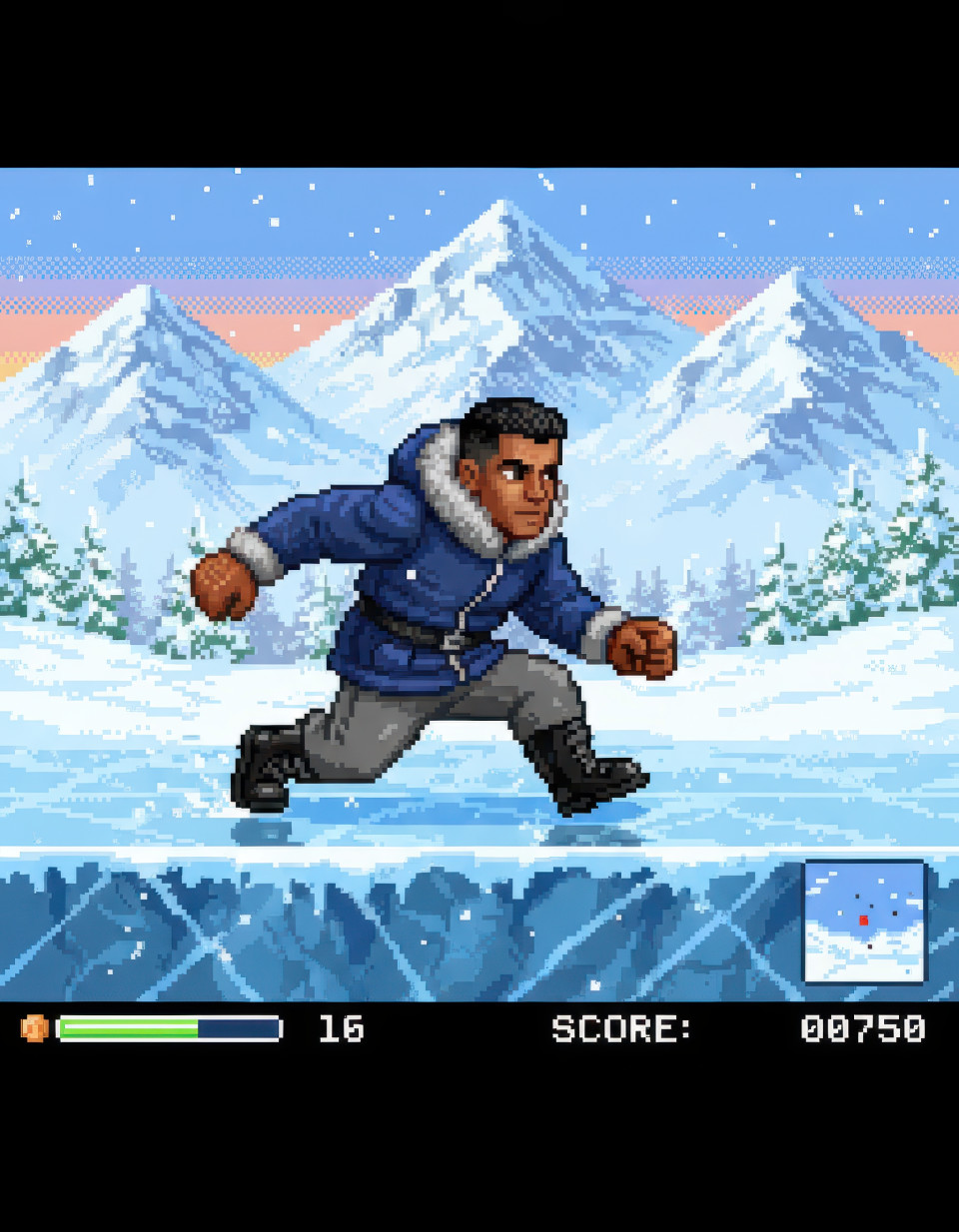 Explorer sliding on ice across snowy retro mountain, textured clothing with focused face, chilly epic adventure mood, transform yourself into 16 bit game style with gemini prompt