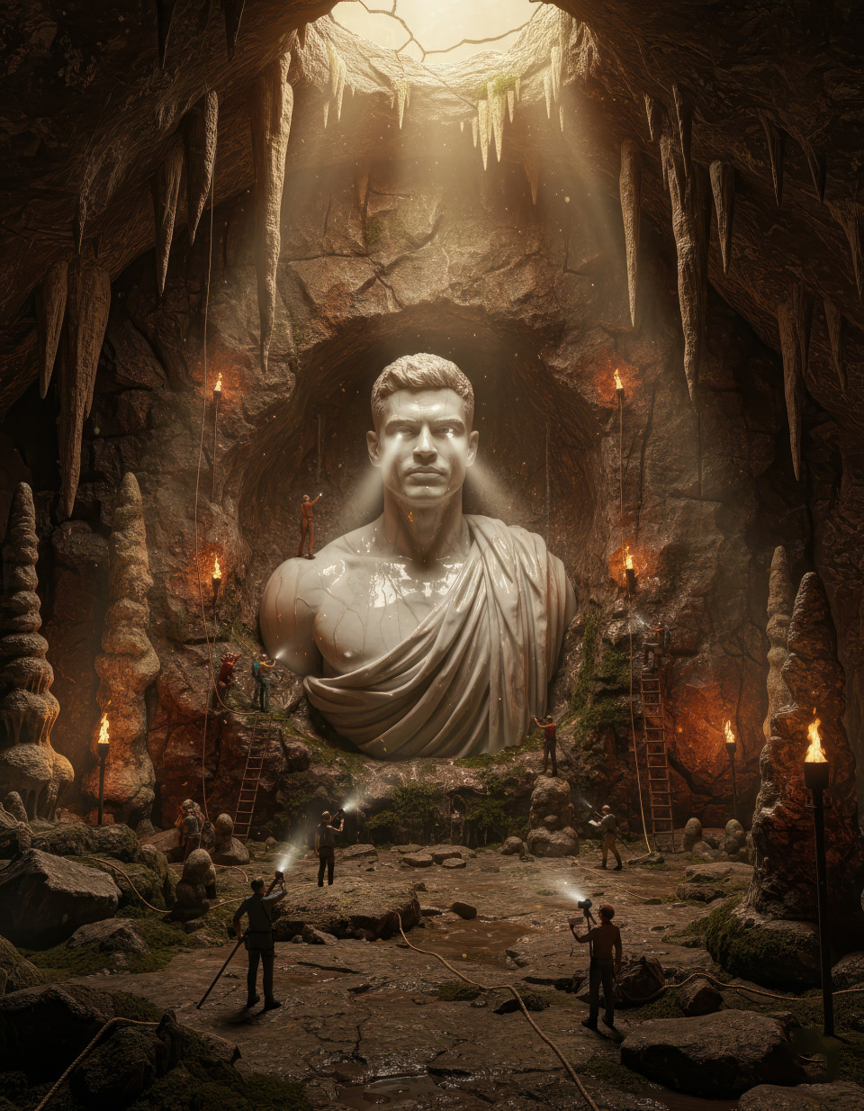 Ultra detailed pvc statue waist up in ancient cave, dressed in greek robes, moss, torchlight, tiny explorers studying, google gemini nano banana prompt for epic statue art