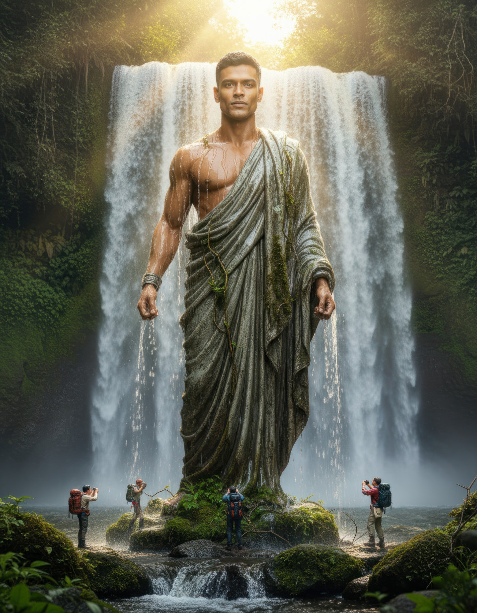 Pvc statue in middle of balinese waterfall, greek style robes, moss and vines, explorers with ropes and cameras, sunlight through mist, google gemini nano banana prompt for epic statue art