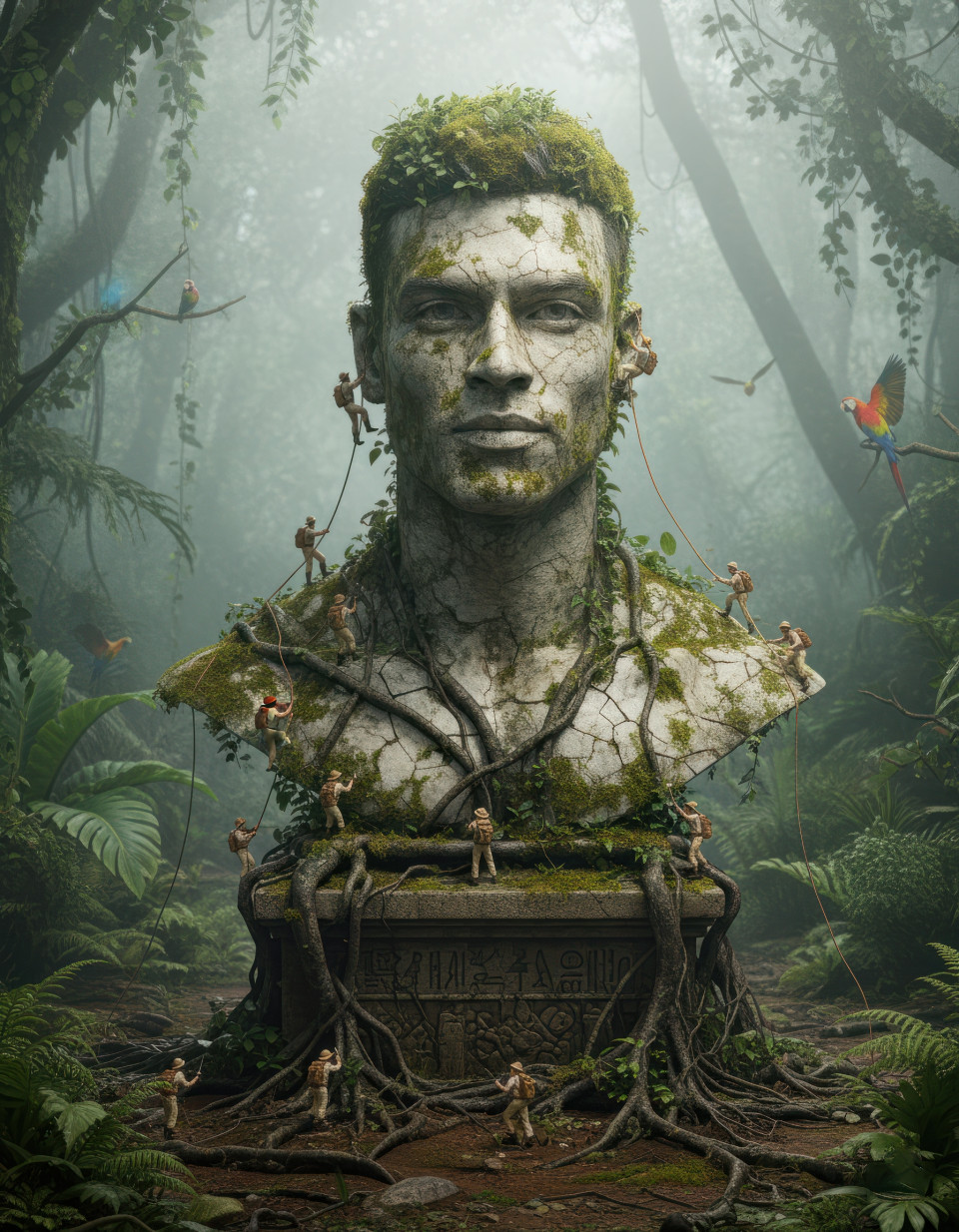 Pvc statue in amazon jungle, moss covered marble, explorers climbing ropes, maps and binoculars, ancient carvings, parrots, misty foliage, google gemini nano banana prompt for epic statue art