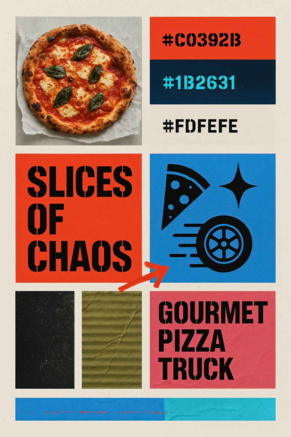 Wood fired pizza slice with flame icons, bold neon text, gritty glitch textures in neo brutalist mood board style, transform food branding with neo brutalist chatgpt prompt