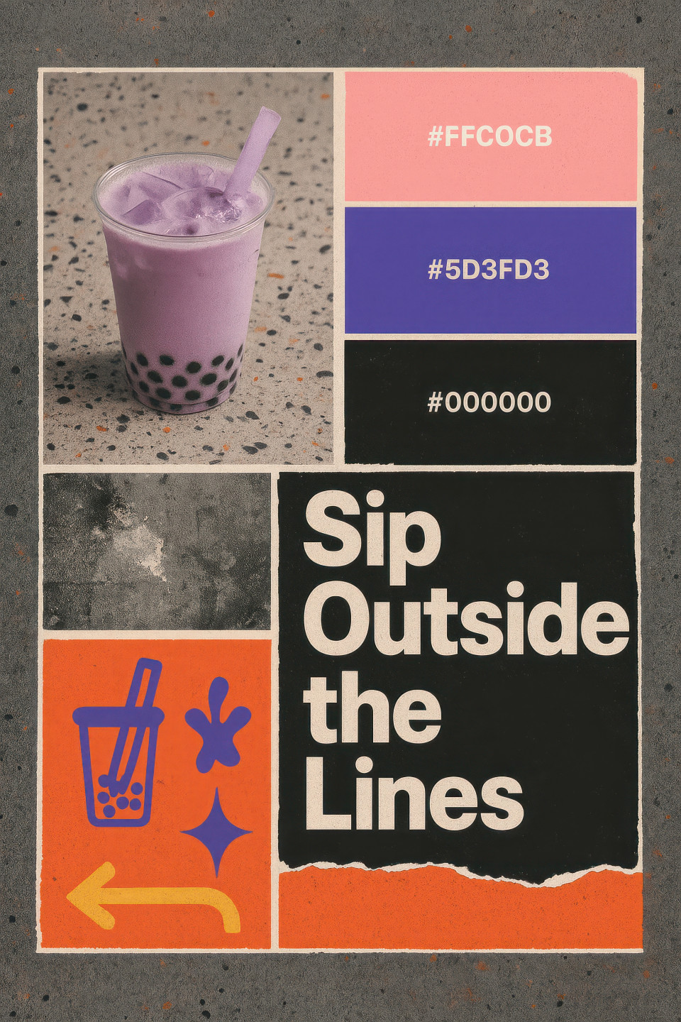 Taro bubble tea with boba pearls, pastel swatches, bold slogan text, torn edges and retro futurist collage vibe, transform food branding with neo brutalist chatgpt prompt