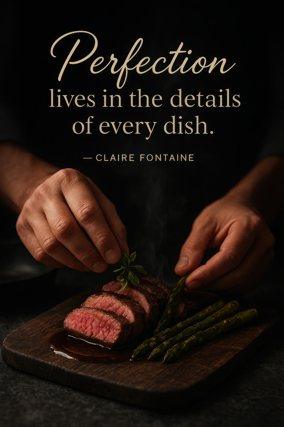 Chef plating wagyu beef with asparagus and demi glace on rustic board, cinematic shadows, luxury fine dining, luxury chef quote overlay prompt for chatgpt image