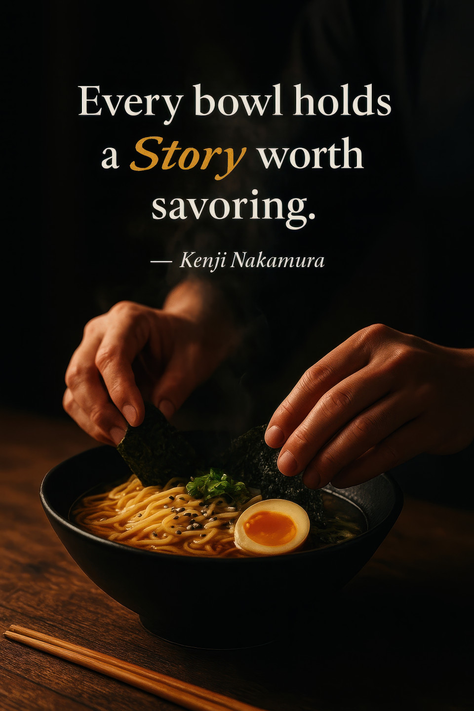 Chef plating ramen noodles with egg, nori, sesame and steam swirls in ceramic bowl, cultural fine dining mood, luxury chef quote overlay prompt for chatgpt image