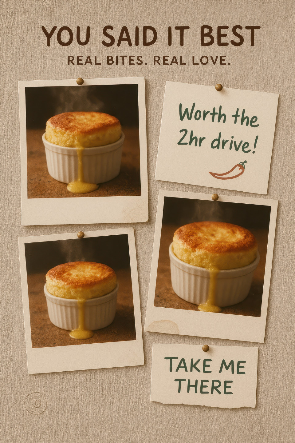 Polaroid style collage of spicy tuna tartare and lemon soufflé with foodie notes, nostalgic dining vibe, polaroid style food collage magic via chatgpt image prompt