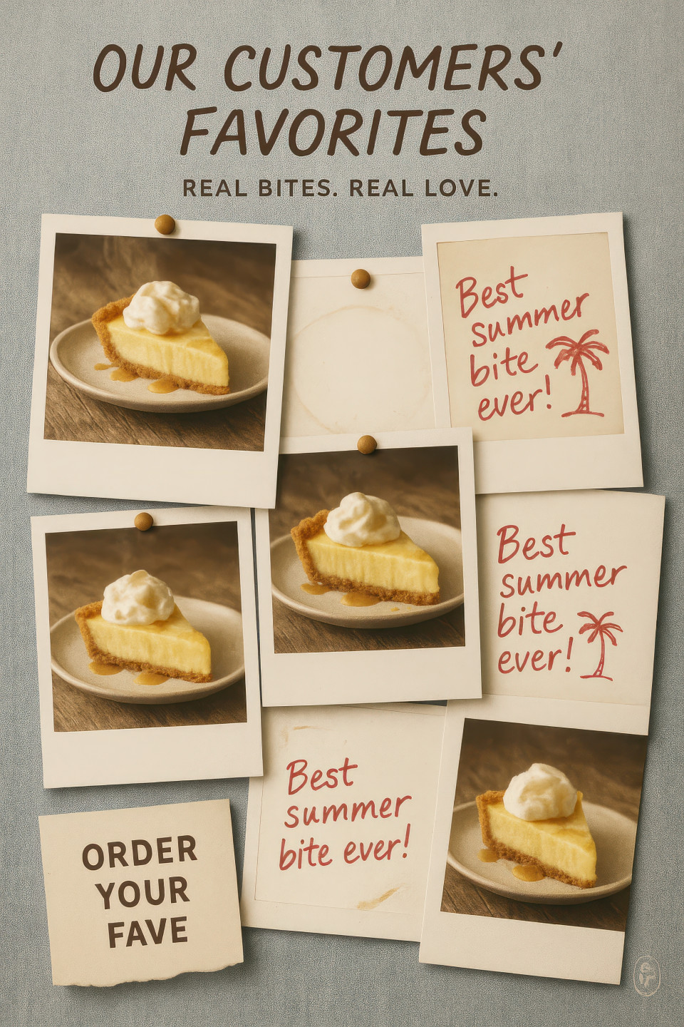 Polaroid style collage of lobster roll sliders with key lime pie, summer bites and handwritten notes, nostalgic food wall, polaroid style food collage magic via chatgpt image prompt