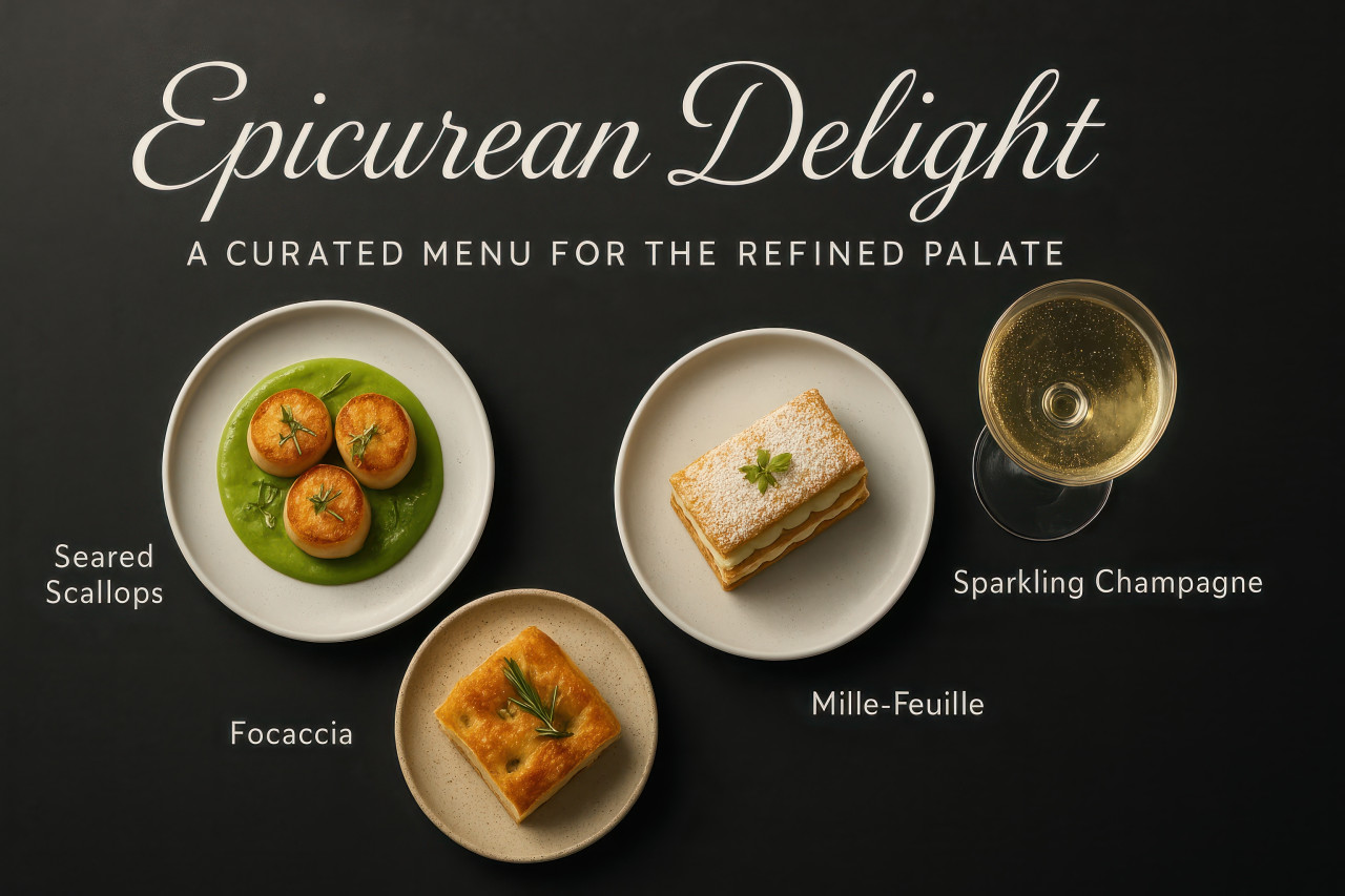Seared scallops, rosemary focaccia, mille-feuille, and champagne styled on polished concrete with soft light, minimal flatlay menu teaser prompt for chatgpt image