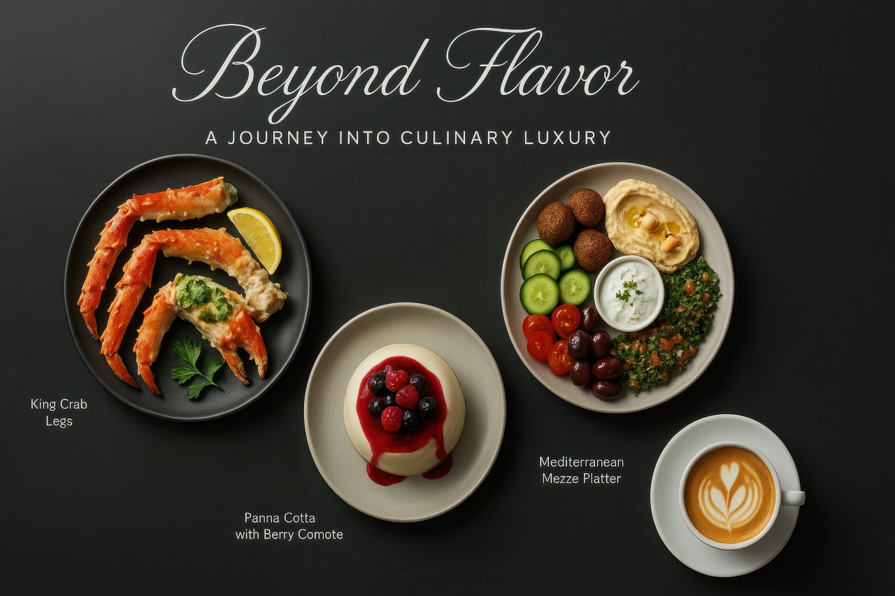 King crab, mezze platter, panna cotta, and cappuccino with latte art arranged on slate gray stone, minimal flatlay menu teaser prompt for chatgpt image