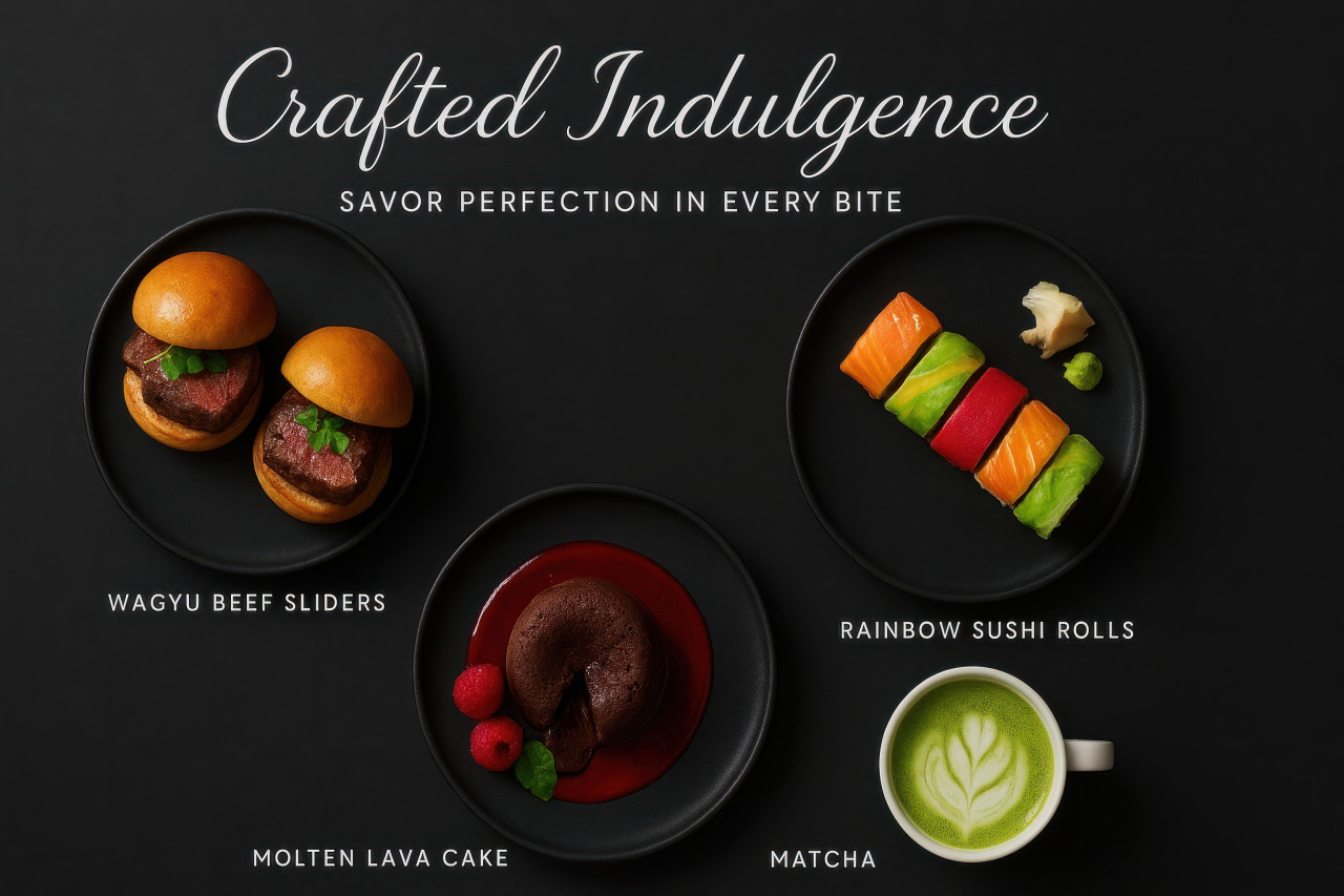 Wagyu sliders, sushi rolls, molten lava cake, and matcha latte on matte black stone, luxury flatlay food styling, minimal flatlay menu teaser prompt for chatgpt image