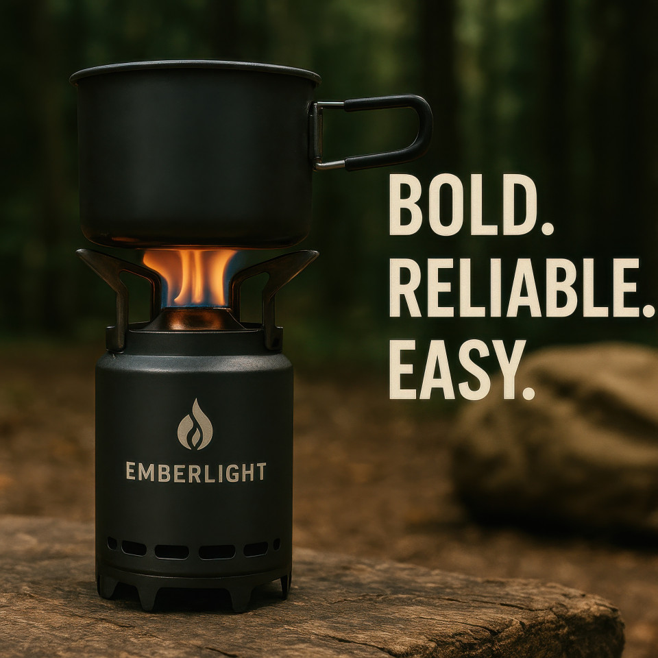 Compact camping stove outdoors with sharp detail and warm lighting showing travel adventure and cooking gear