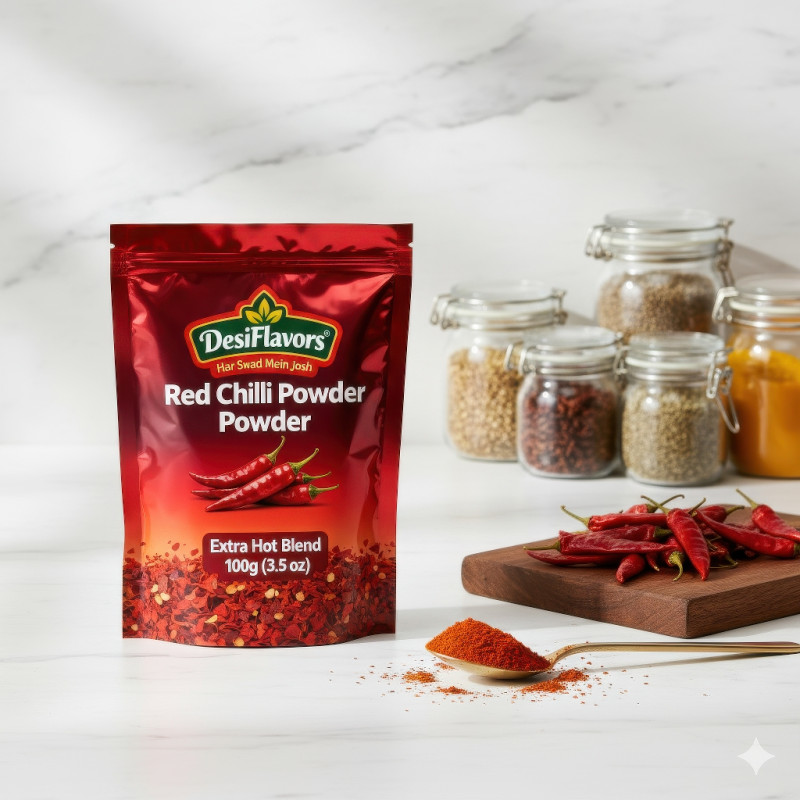 Red chili powder pouch on marble counter with spice jars, board, and spoon in soft daylight