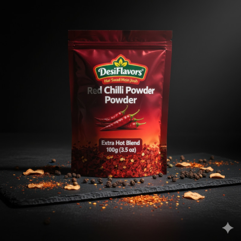 Red chili powder pouch on dark slate with crushed chili, peppercorns, and garlic in bold lighting
