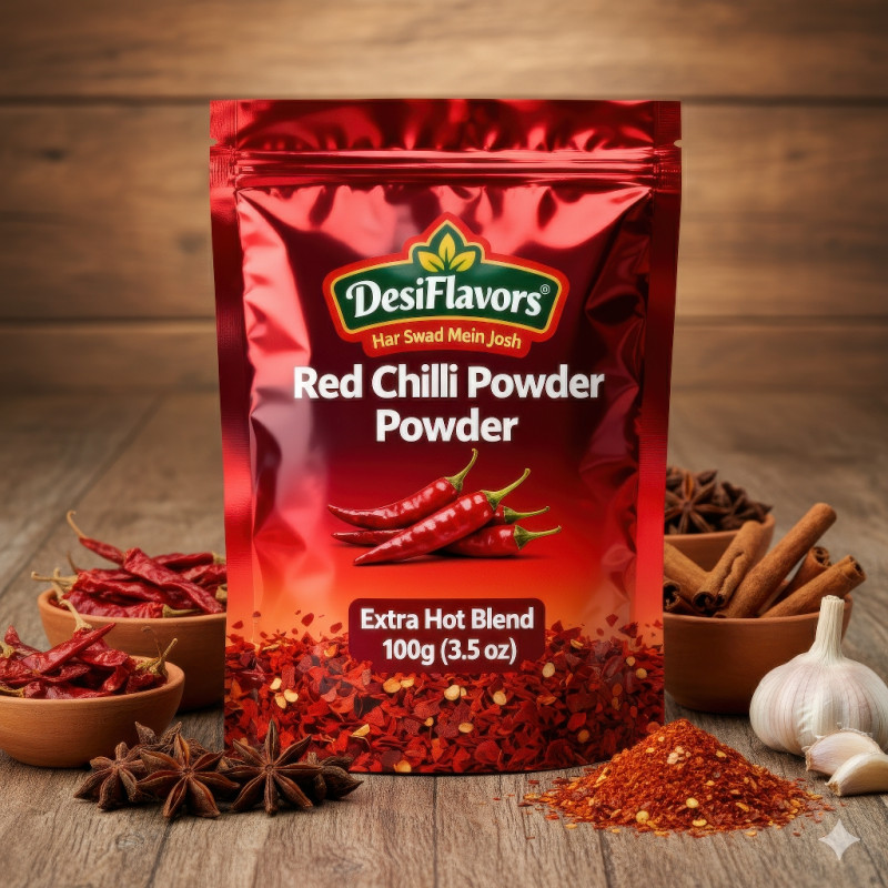 Red chili powder pouch on rustic wooden table with dried chilies, cinnamon, and garlic in warm light