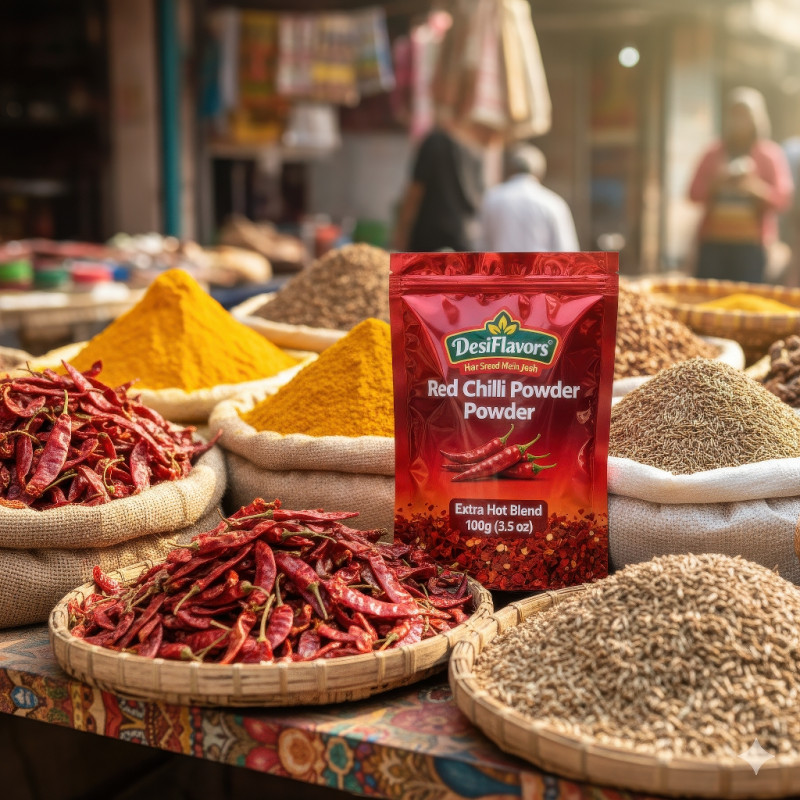 Red chili powder pouch at colorful market stall with chili pods, turmeric, and cumin in bright sunlight