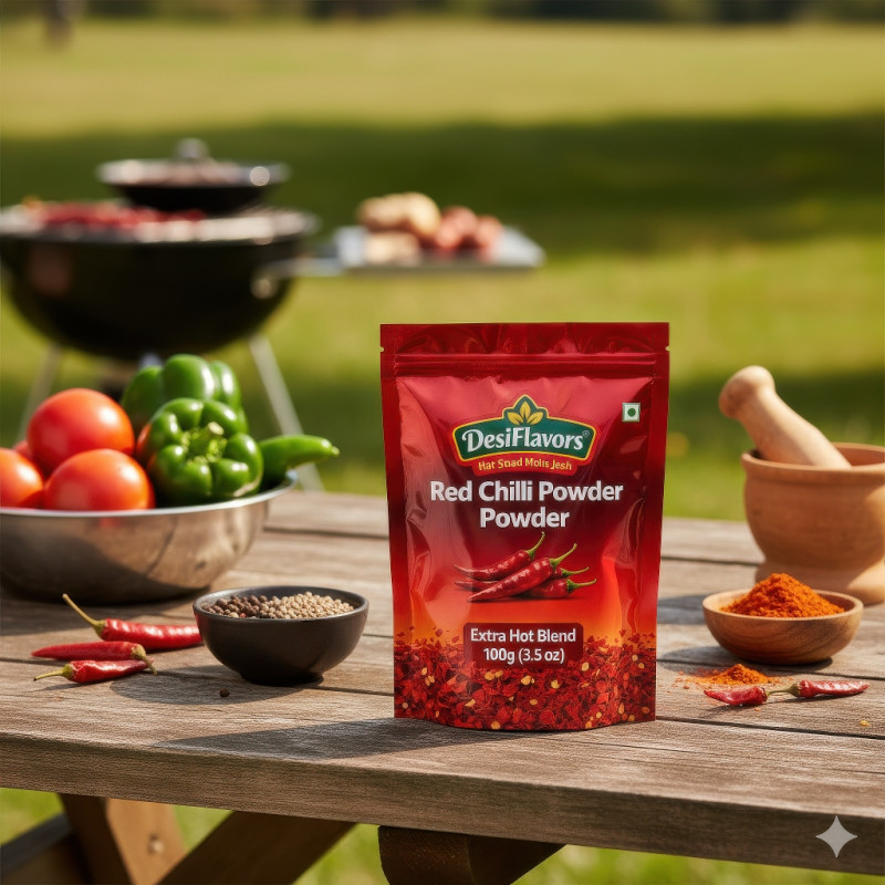 Red chili powder pouch on picnic table near grill with fresh chilies, tomatoes, and spices in bright daylight