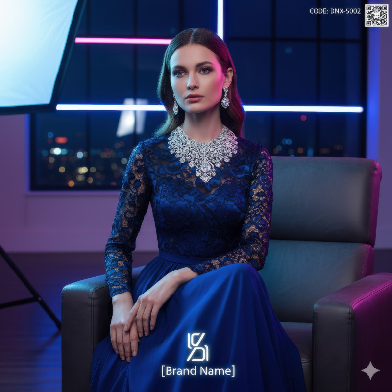 Woman in evening gown with diamond necklace and earrings in modern loft with neon city light backdrop