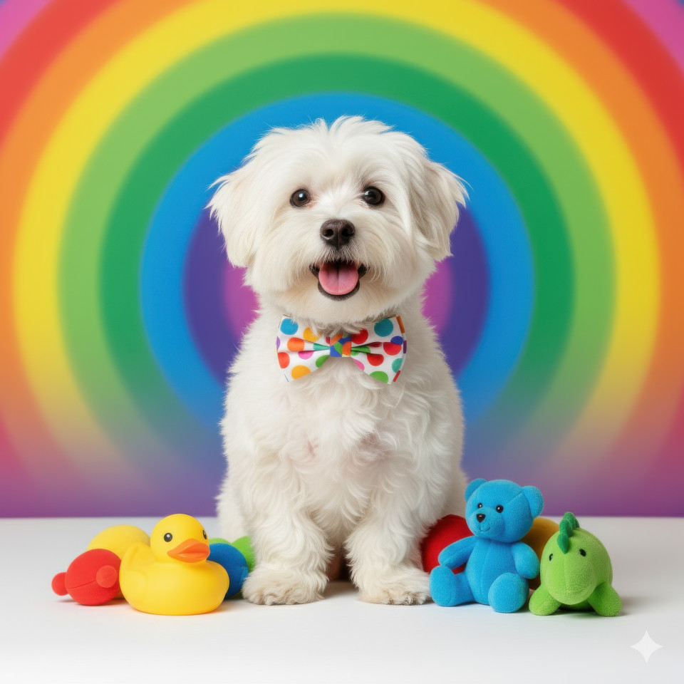 Playful dog with colorful bow tie and plush toys on bright rainbow backdrop under studio lights