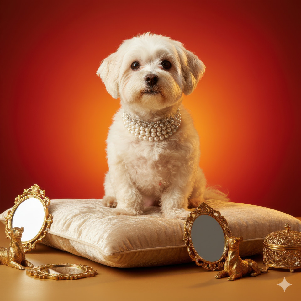 Elegant dog with pearl collar on warm golden background surrounded by luxury gold props