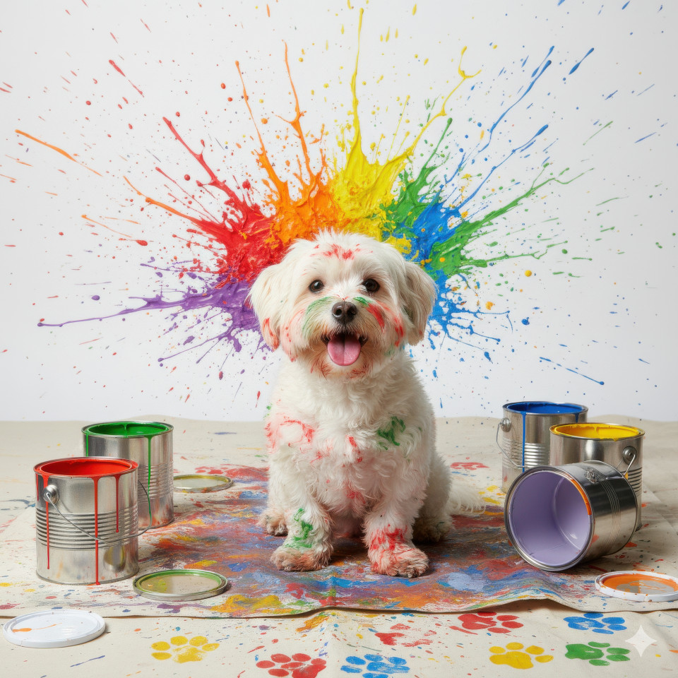 Creative dog with paint splashes and cans on colorful background showing artistic playful vibe