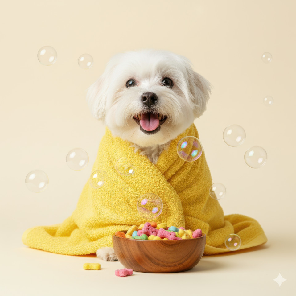 Cheerful dog wrapped in yellow towel with bubbles and treats on creamy background showing fun mood