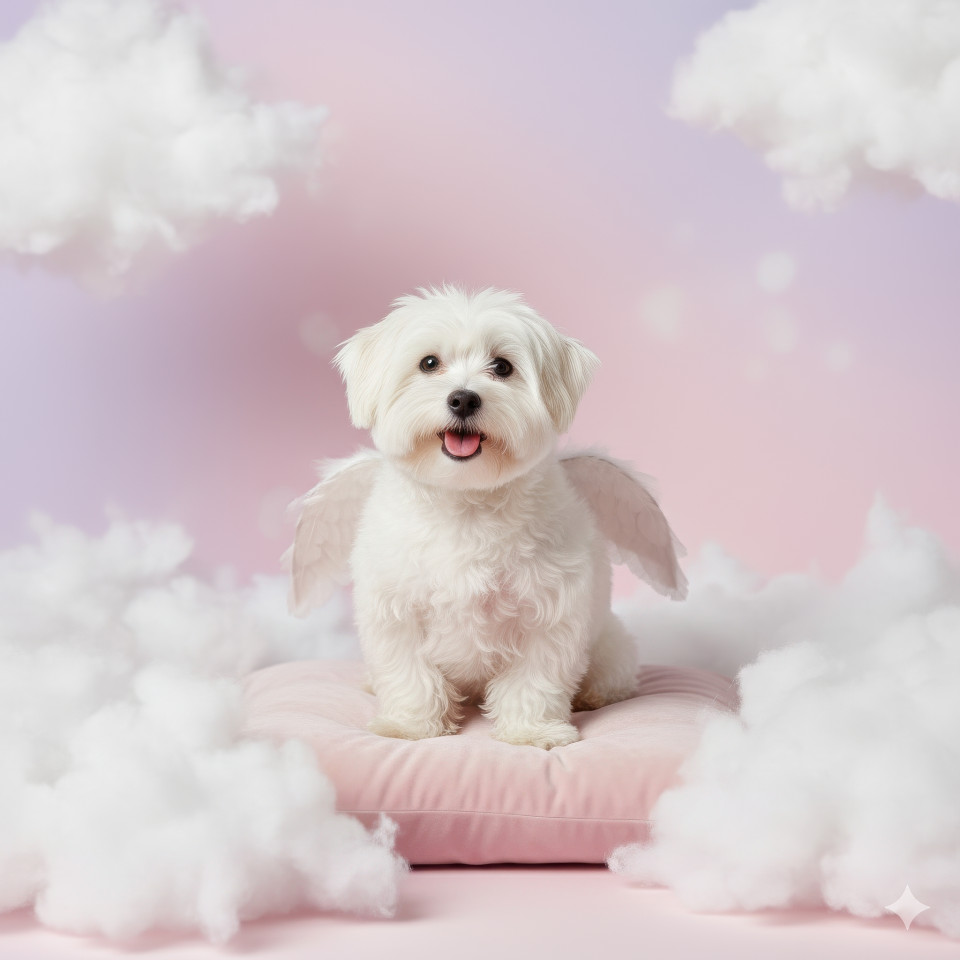 Sweet dog with tiny wings on pastel pink background surrounded by dreamy clouds and soft light