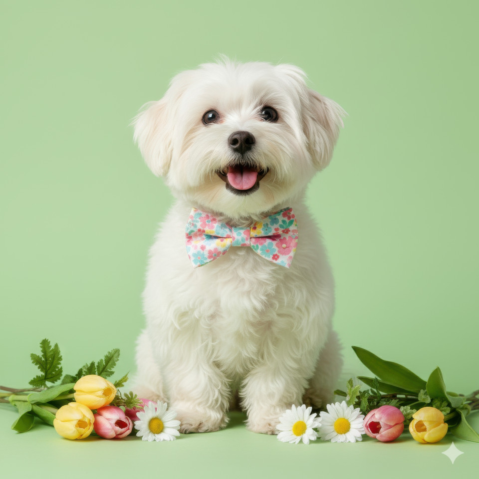 Happy dog with floral bow tie and spring flowers on pastel green background under soft light