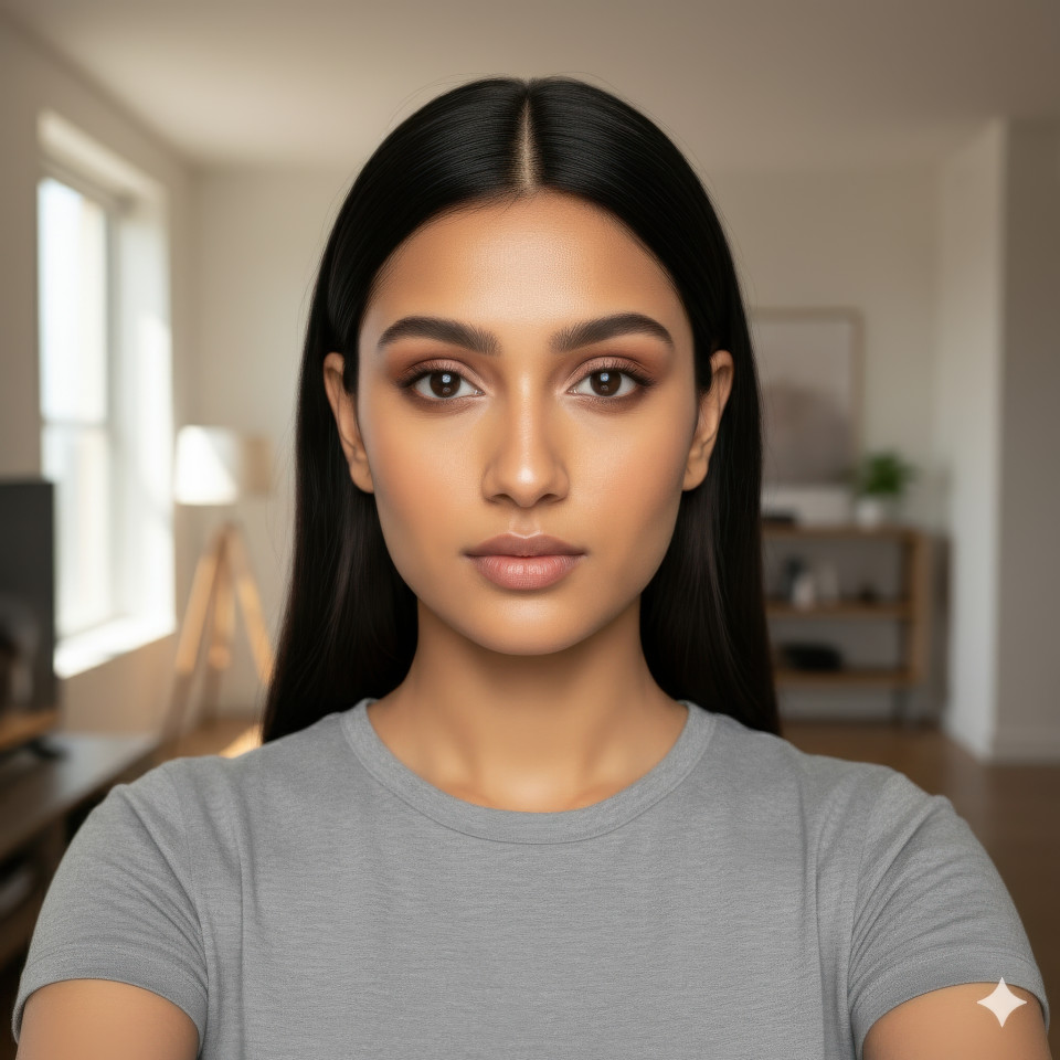 Young woman indoors with soft daylight, casual look, and calm natural expression in modern room