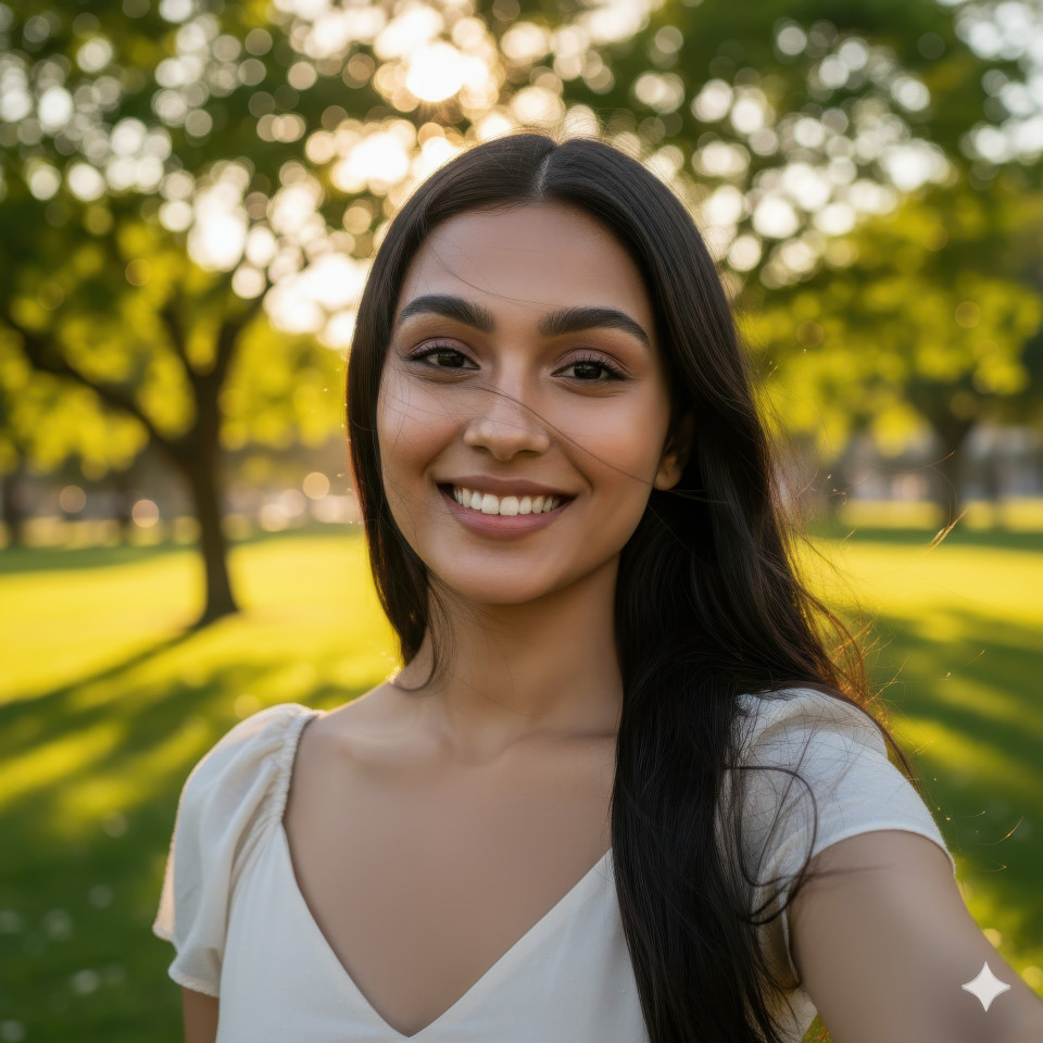 Smiling young woman in green park with warm sunlight, bright eyes, and natural cheerful vibe