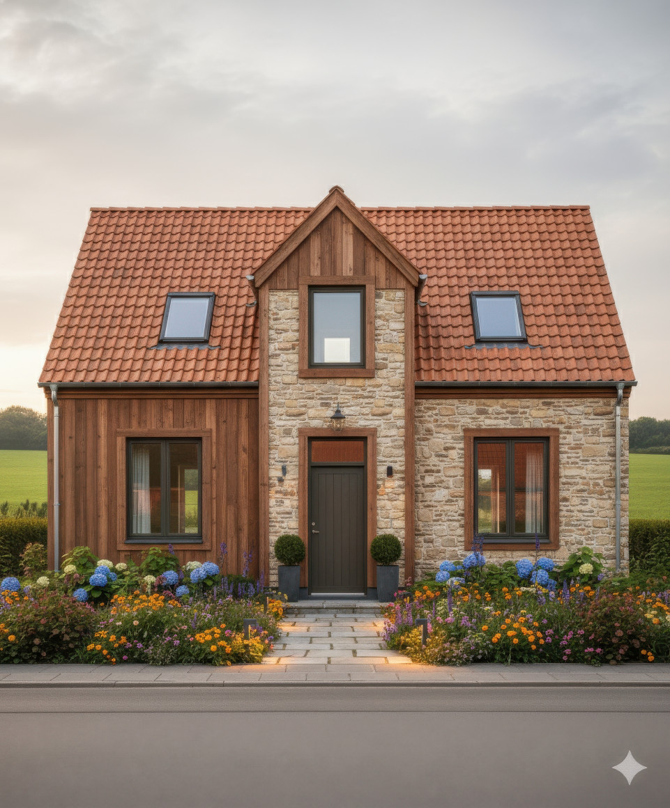 Cozy farmhouse with wood and stone walls, clay roof, and garden flowers under soft daylight