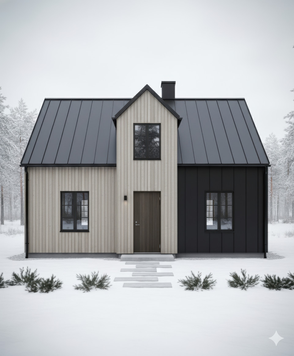 Scandinavian house with wood and metal walls, snowy forest view, and soft daylight tones