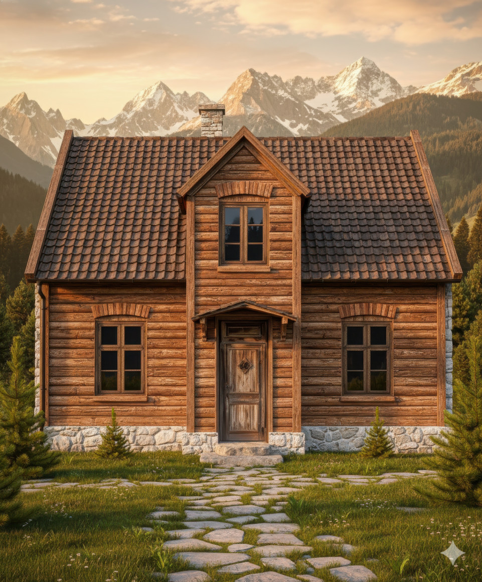 Alpine chalet with timber logs, stone base, steep roof, and pine trees in golden sunlight